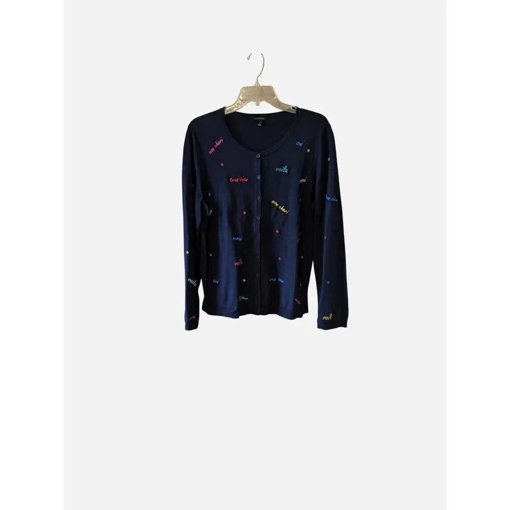 Talbots Charming Cardigan Sweater Navy Embroidered French Phrases Preppy Twee L